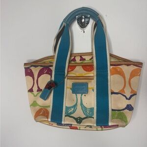Coach Multicolor Patterned Tote with Blue Handles